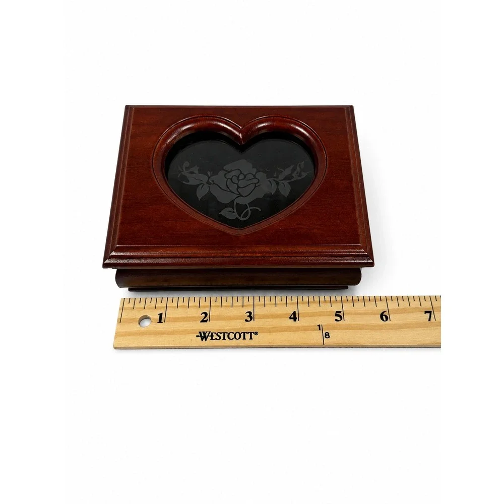 Vintage Style Cherry Wood Jewelry Box Heart Etched Rose Glass Lid Green Velvet